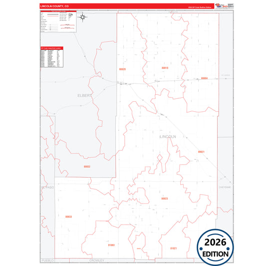 Lincoln County, CO Red Line 5 Digit ZIP Code Wall Map