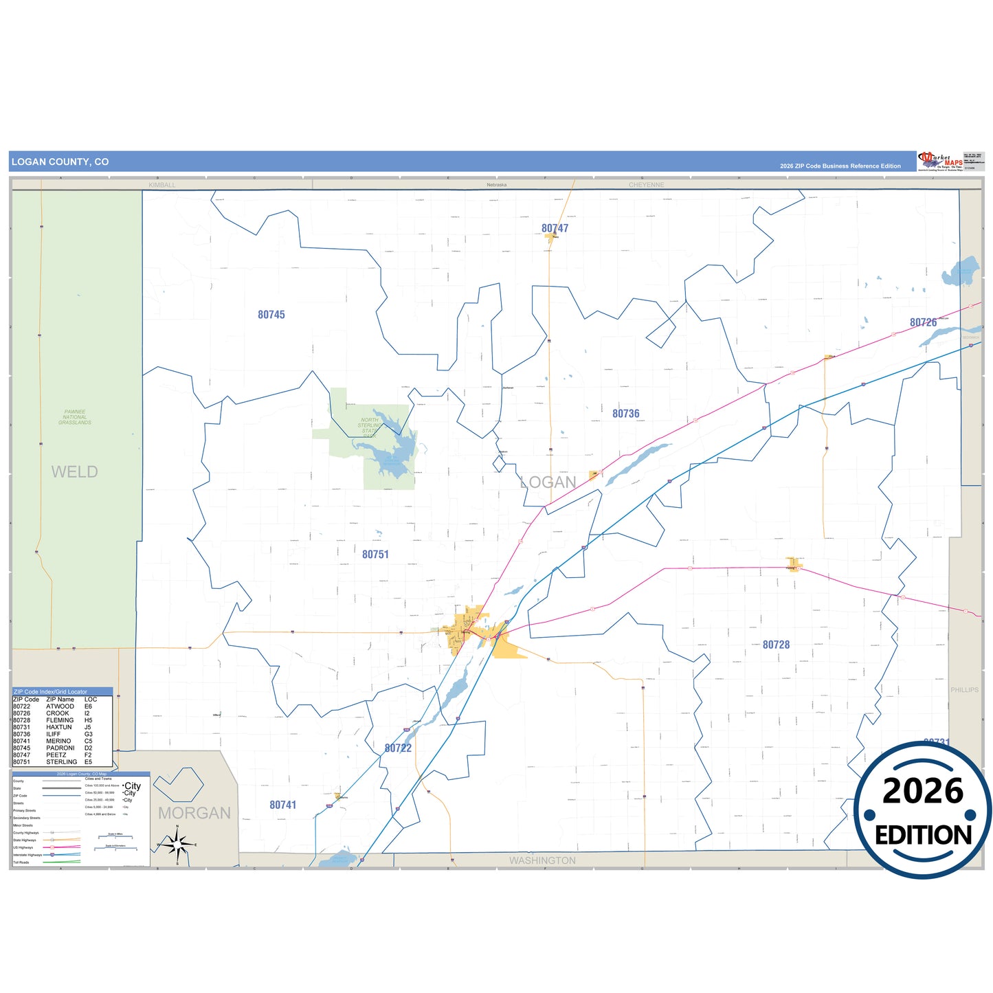 Logan County, CO Business Reference 5 Digit ZIP Code Wall Map