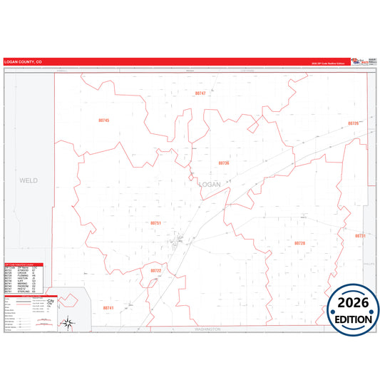Logan County, CO Red Line 5 Digit ZIP Code Wall Map