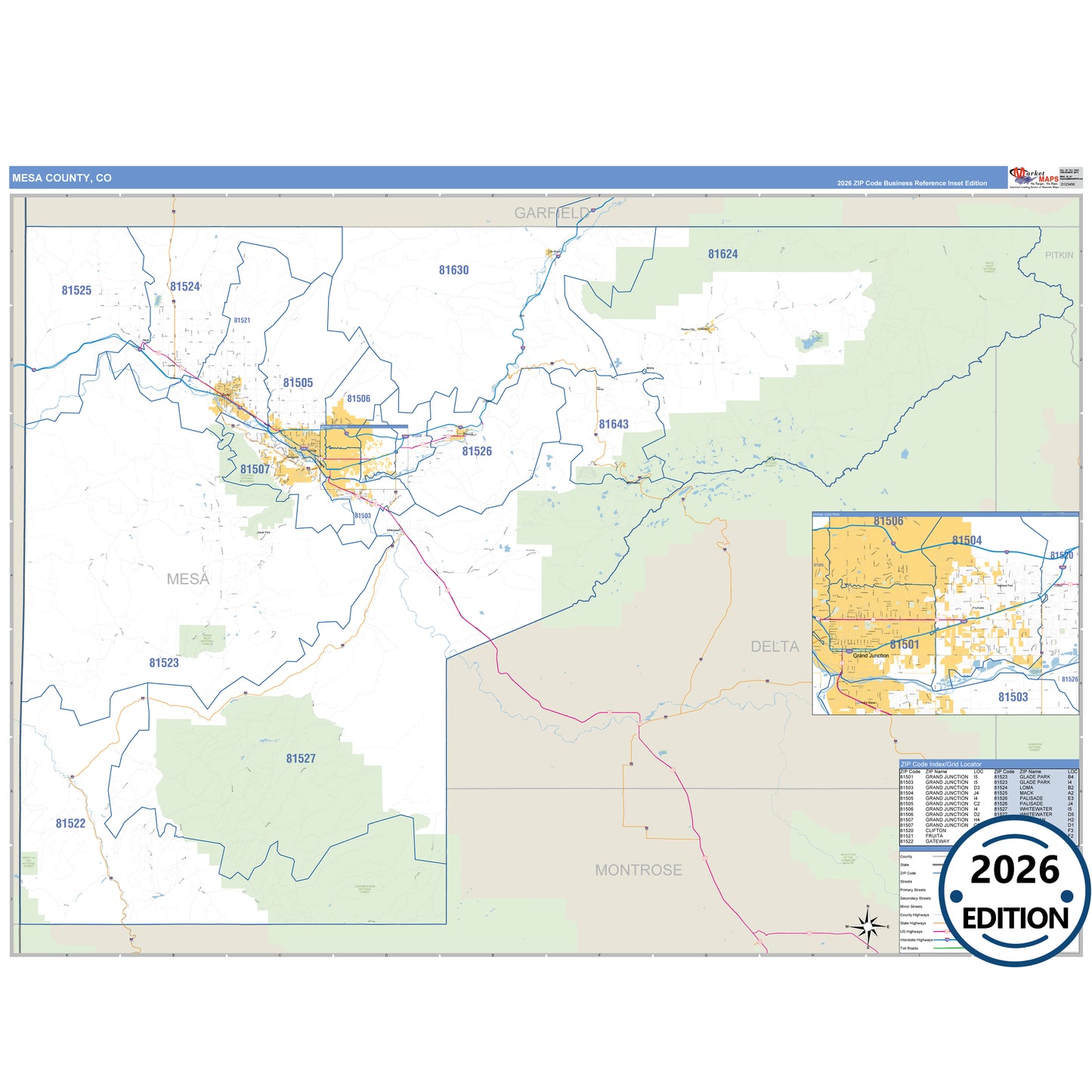 Mesa County, CO Business Reference 5 Digit ZIP Code Wall Map