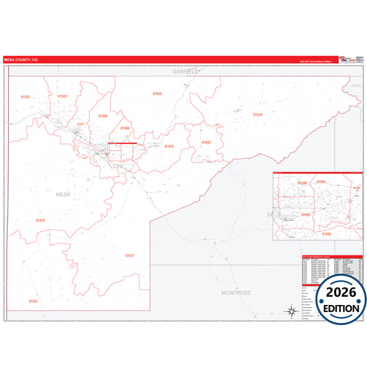 Mesa County, CO Red Line 5 Digit ZIP Code Wall Map
