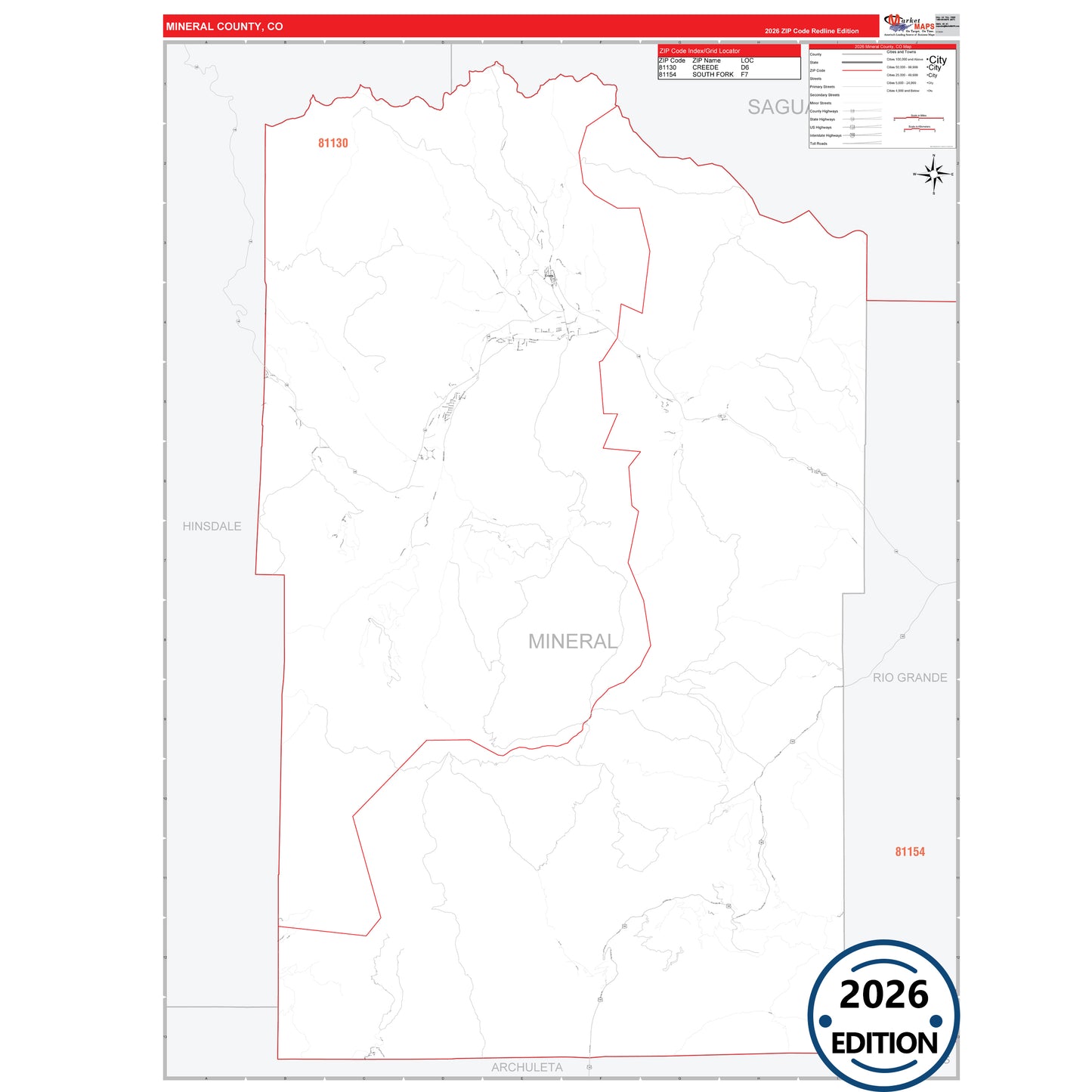 Mineral County, CO Red Line 5 Digit ZIP Code Wall Map