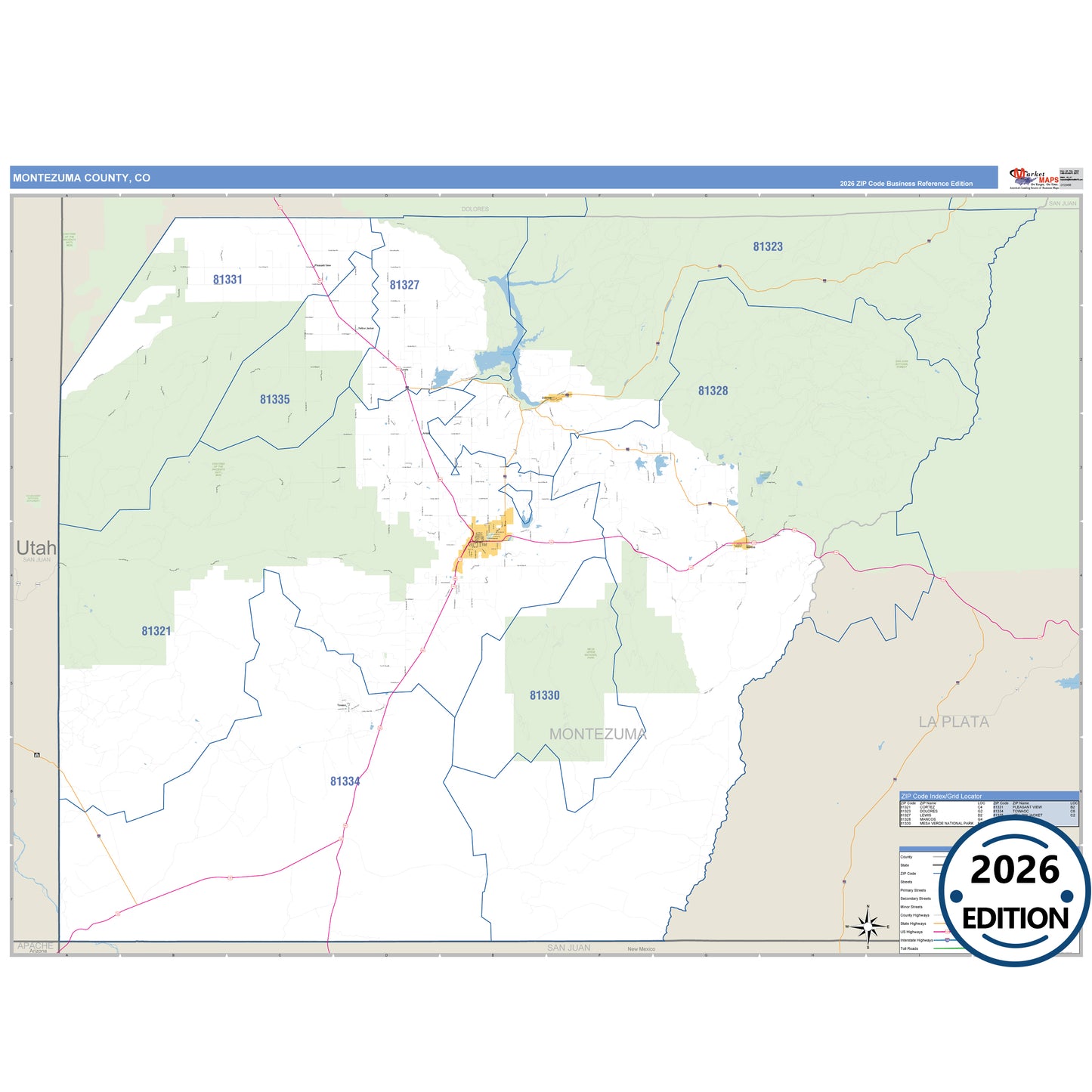 Montezuma County, CO Business Reference 5 Digit ZIP Code Wall Map