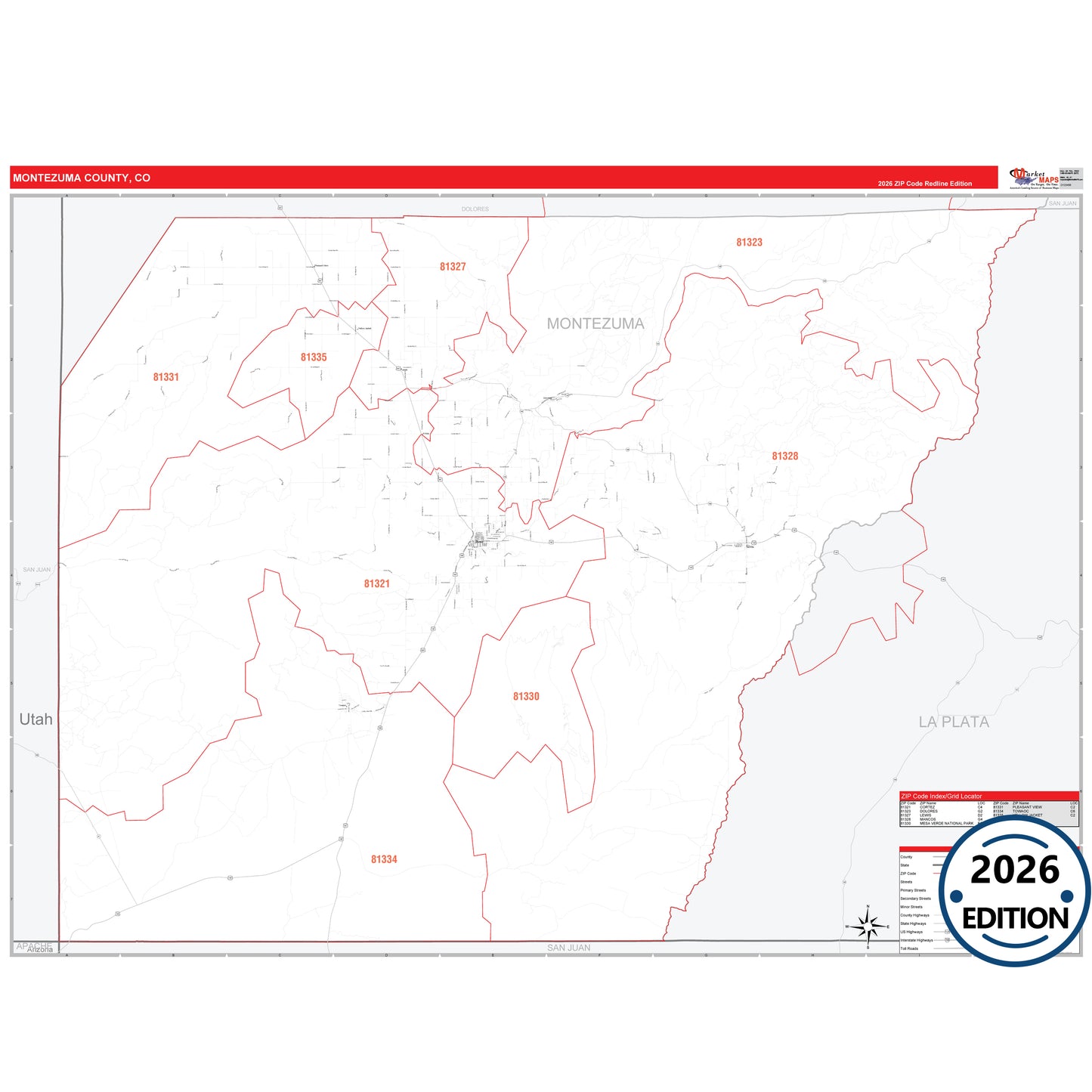 Montezuma County, CO Red Line 5 Digit ZIP Code Wall Map