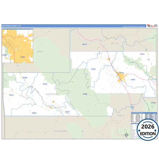 Montrose County, CO Business Reference 5 Digit ZIP Code Wall Map