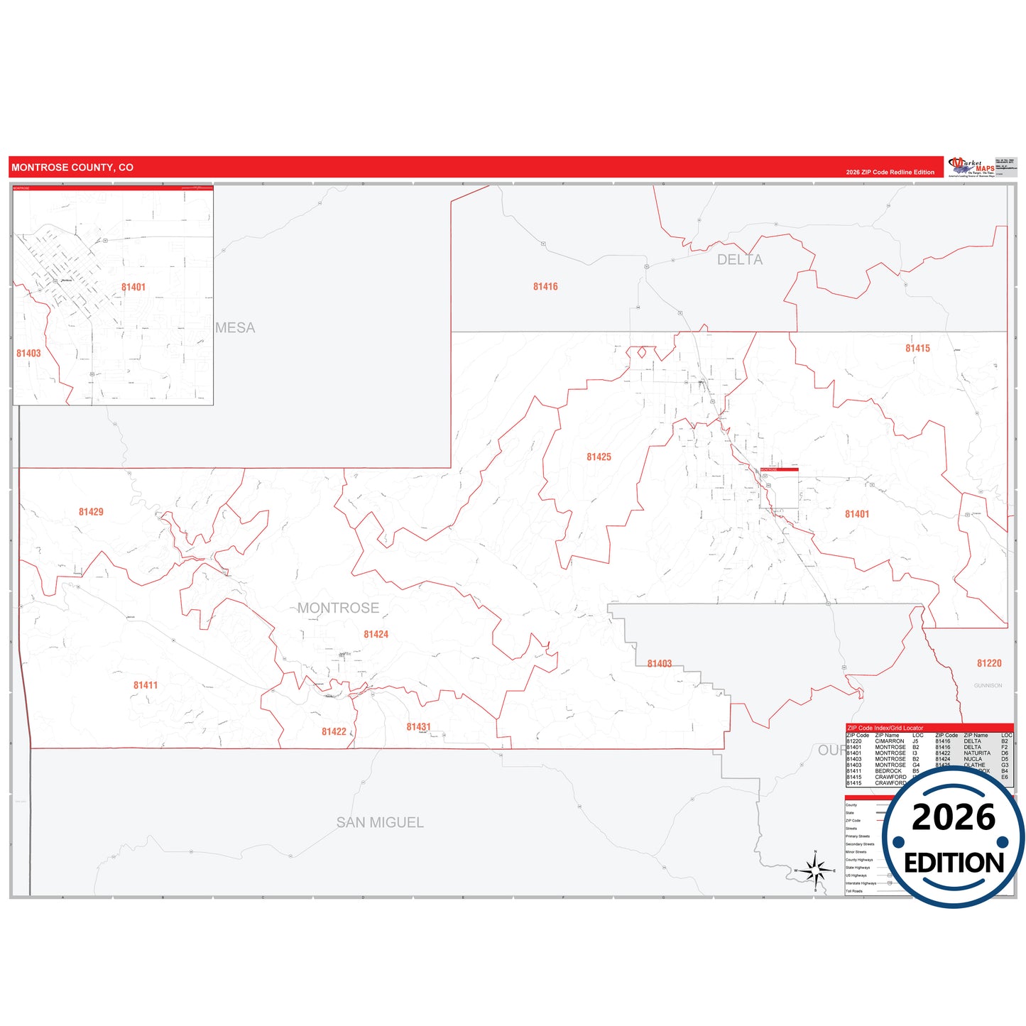 Montrose County, CO Red Line 5 Digit ZIP Code Wall Map