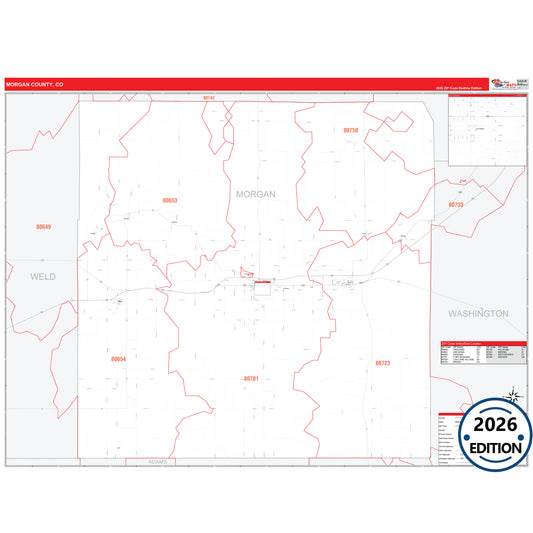 Morgan County, CO Red Line 5 Digit ZIP Code Wall Map