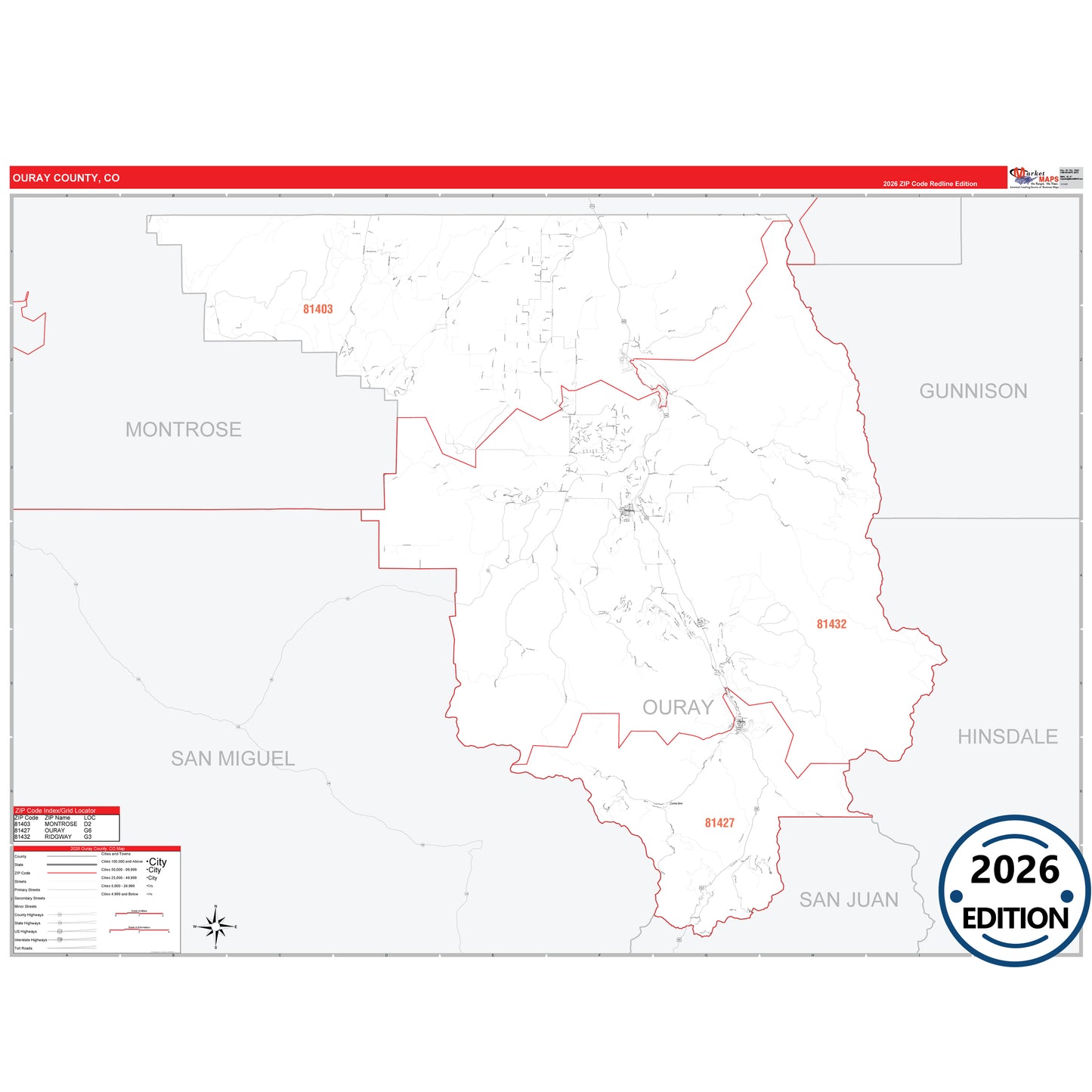 Ouray County, CO Red Line 5 Digit ZIP Code Wall Map
