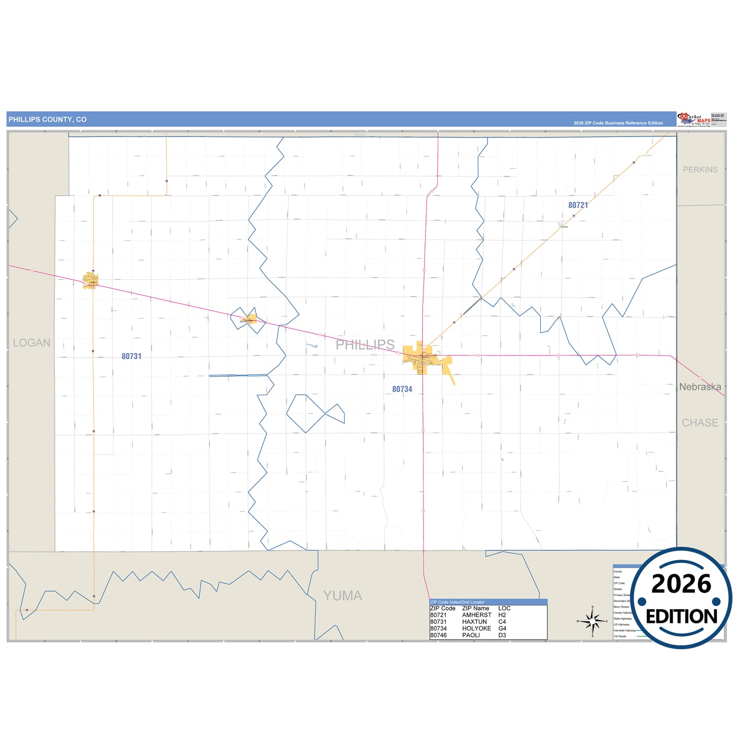Phillips County, CO Business Reference 5 Digit ZIP Code Wall Map