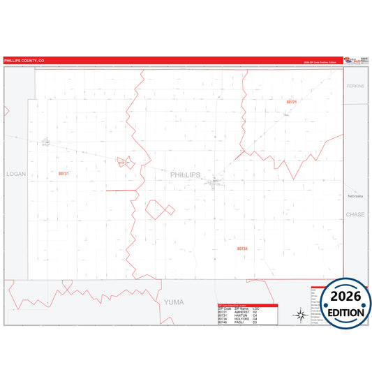 Phillips County, CO Red Line 5 Digit ZIP Code Wall Map