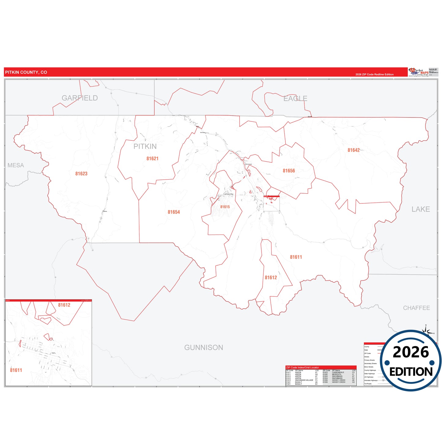 Pitkin County, CO Red Line 5 Digit ZIP Code Wall Map