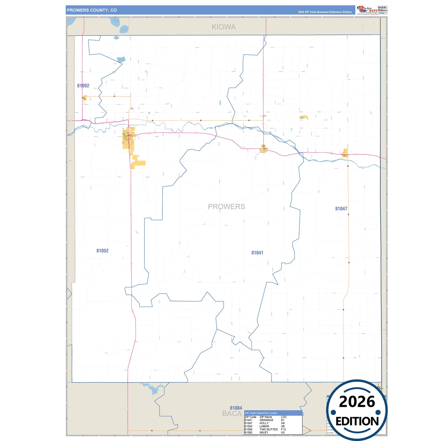 Prowers County, CO Business Reference 5 Digit ZIP Code Wall Map
