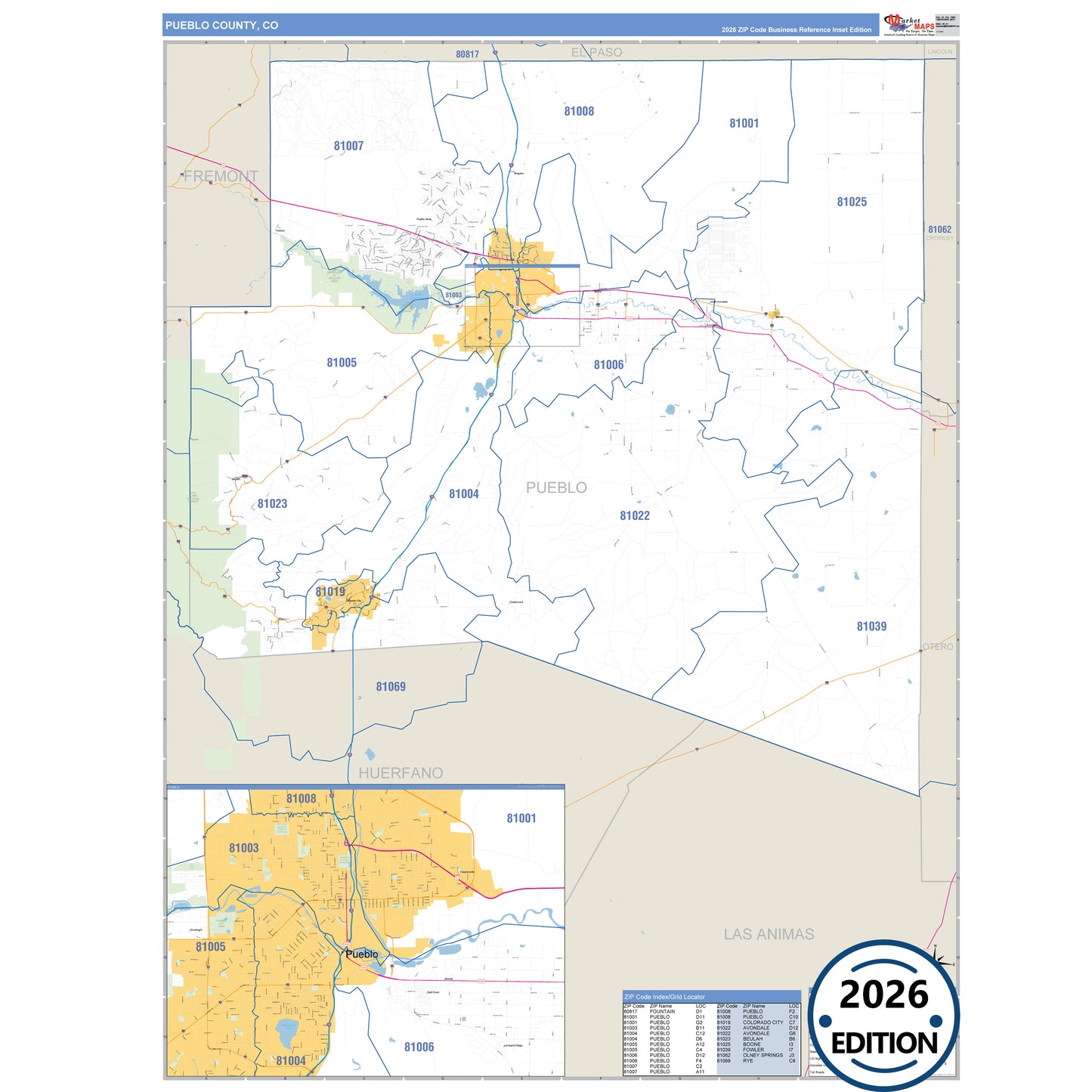 Pueblo County, CO Business Reference 5 Digit ZIP Code Wall Map
