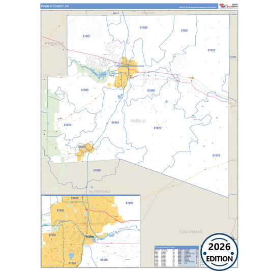 Pueblo County, CO Business Reference 5 Digit ZIP Code Wall Map
