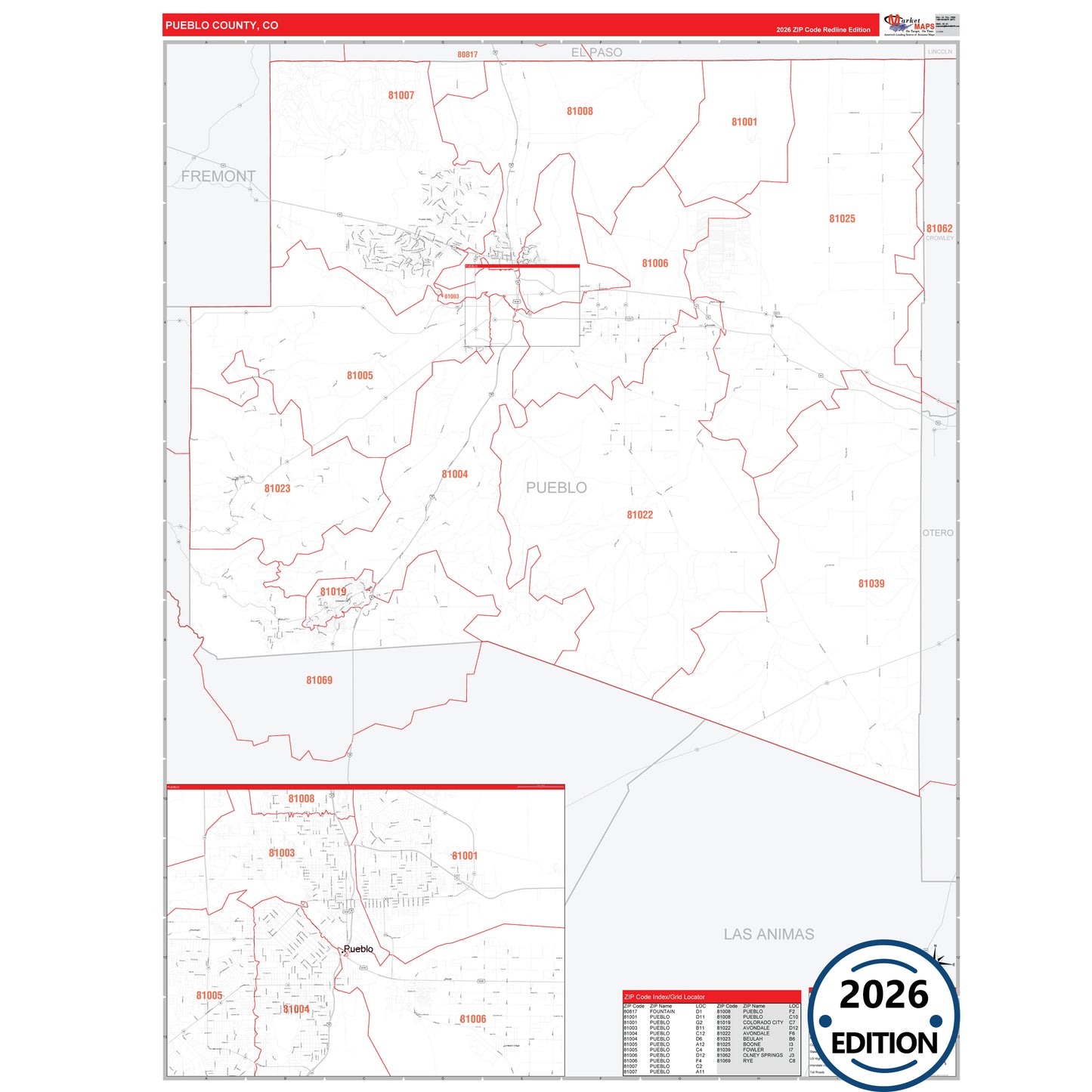 Pueblo County, CO Red Line 5 Digit ZIP Code Wall Map