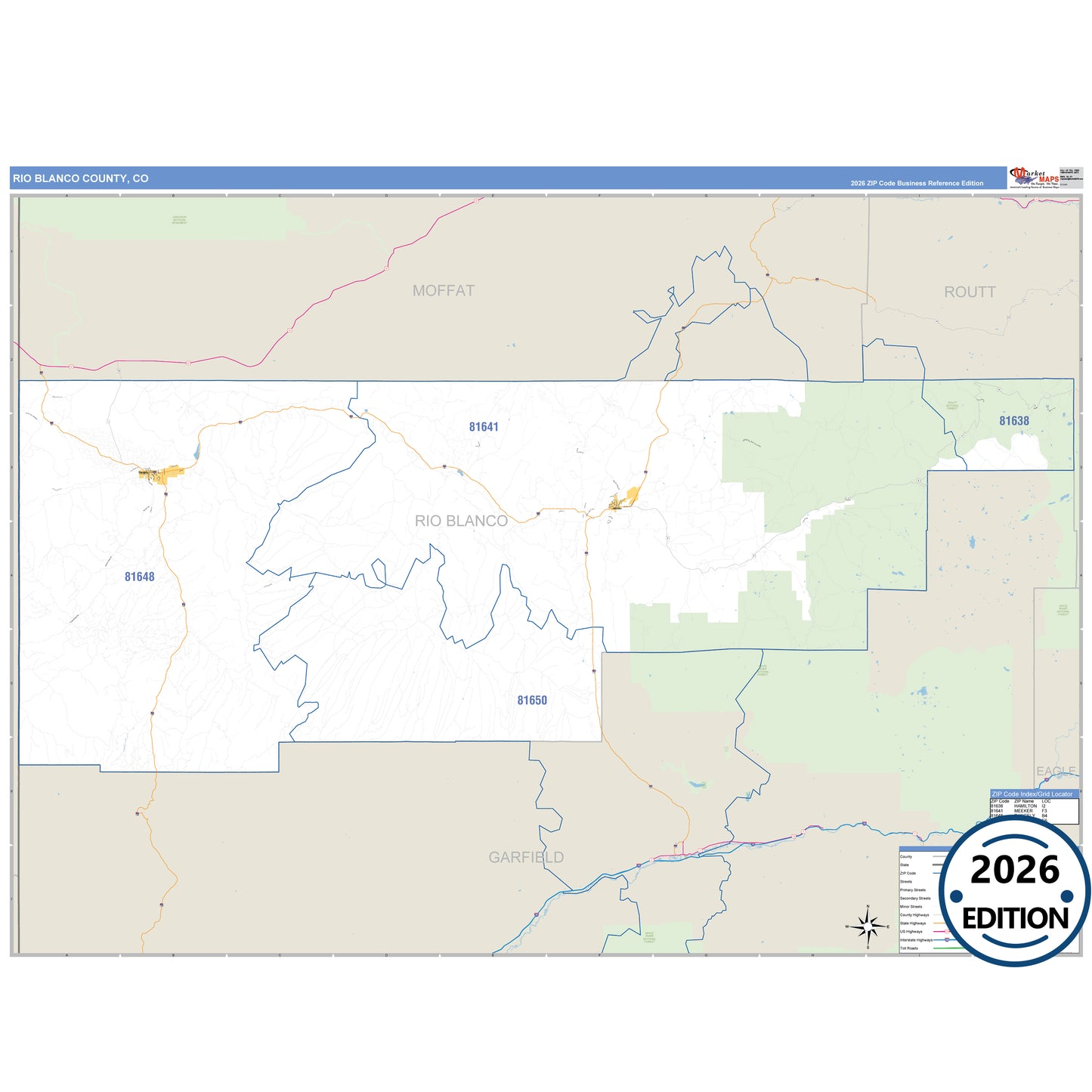 Rio Blanco County, CO Business Reference 5 Digit ZIP Code Wall Map