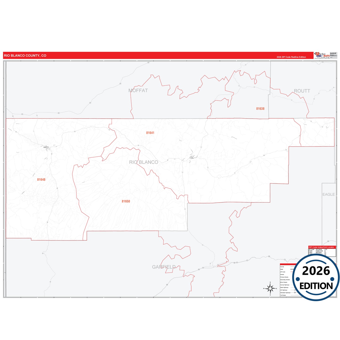 Rio Blanco County, CO Red Line 5 Digit ZIP Code Wall Map