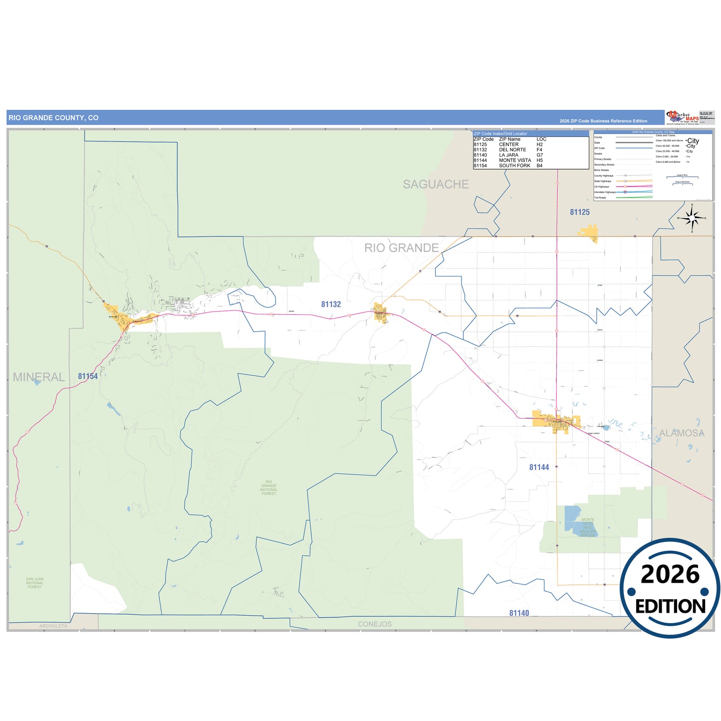 Rio Grande County, CO Business Reference 5 Digit ZIP Code Wall Map