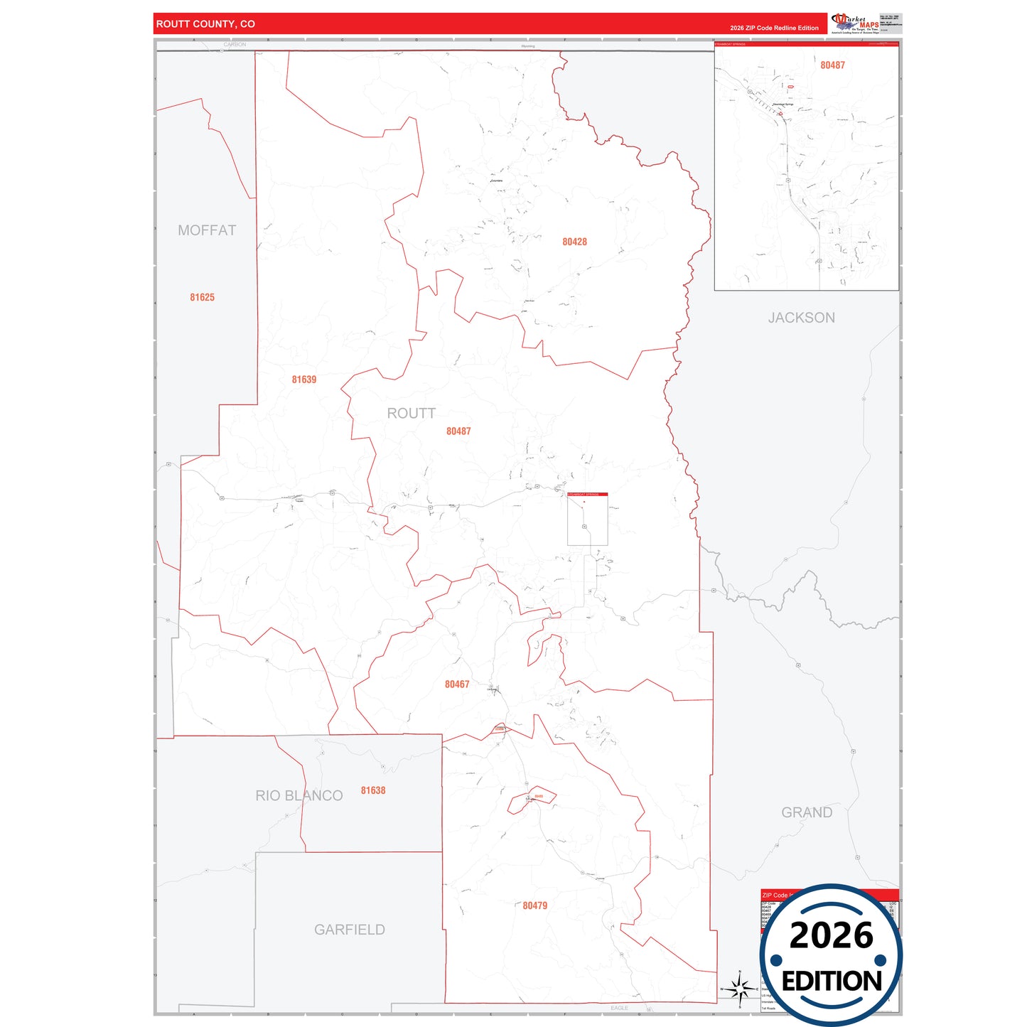 Routt County, CO Red Line 5 Digit ZIP Code Wall Map