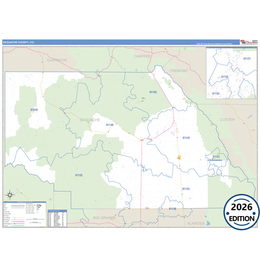 Saguache County, CO Business Reference 5 Digit ZIP Code Wall Map