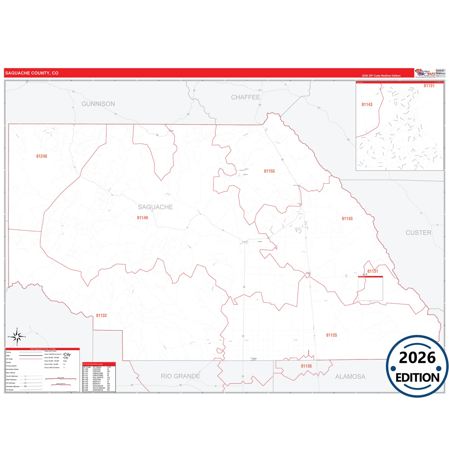 Saguache County, CO Red Line 5 Digit ZIP Code Wall Map