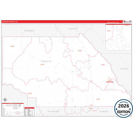 Saguache County, CO Red Line 5 Digit ZIP Code Wall Map