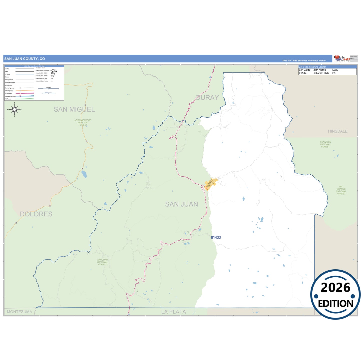 San Juan County, CO Business Reference 5 Digit ZIP Code Wall Map