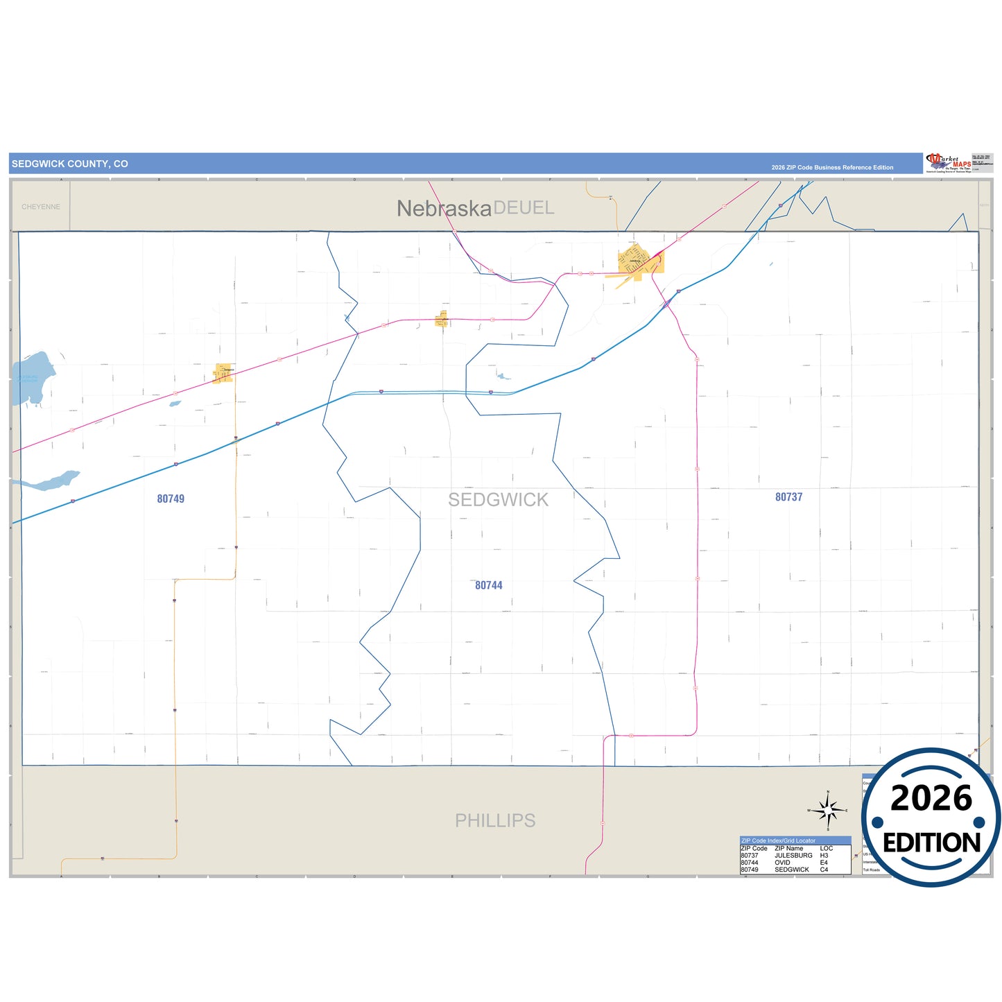 Sedgwick County, CO Business Reference 5 Digit ZIP Code Wall Map
