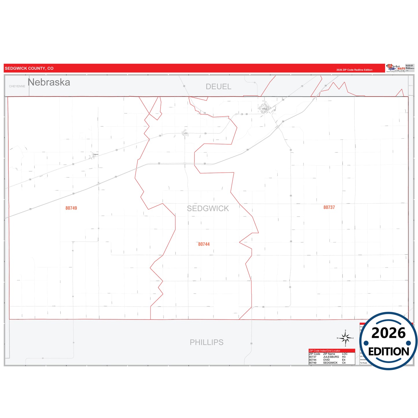 Sedgwick County, CO Red Line 5 Digit ZIP Code Wall Map