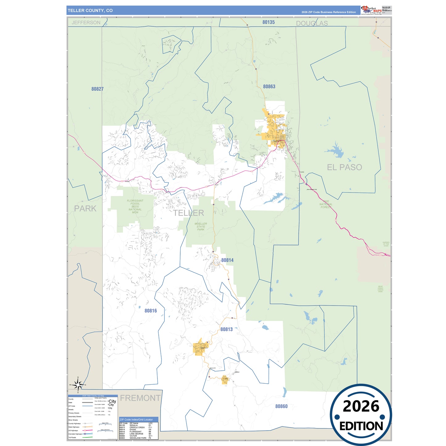 Teller County, CO Business Reference 5 Digit ZIP Code Wall Map