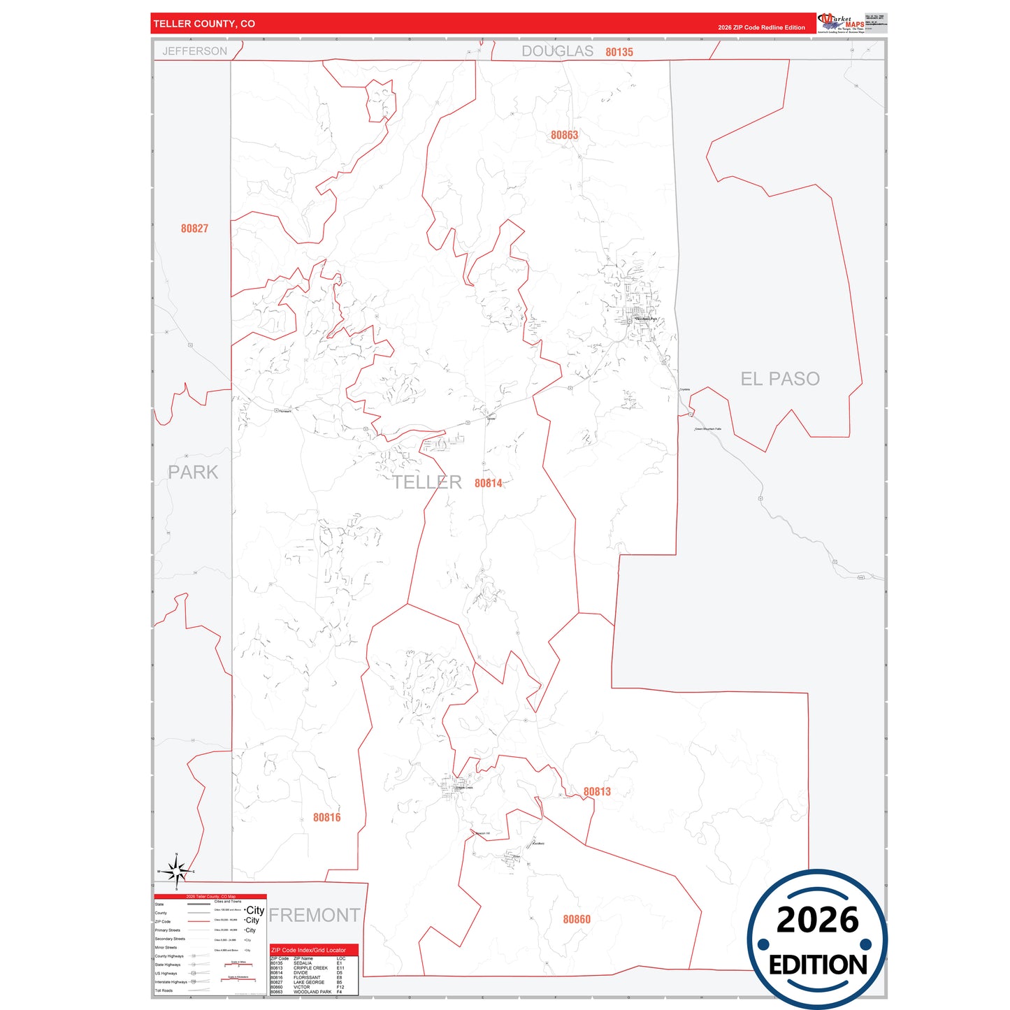 Teller County, CO Red Line 5 Digit ZIP Code Wall Map