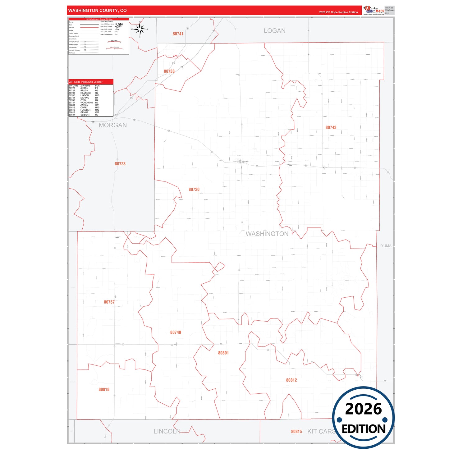 Washington County, CO Red Line 5 Digit ZIP Code Wall Map