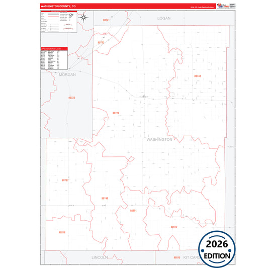 Washington County, CO Red Line 5 Digit ZIP Code Wall Map