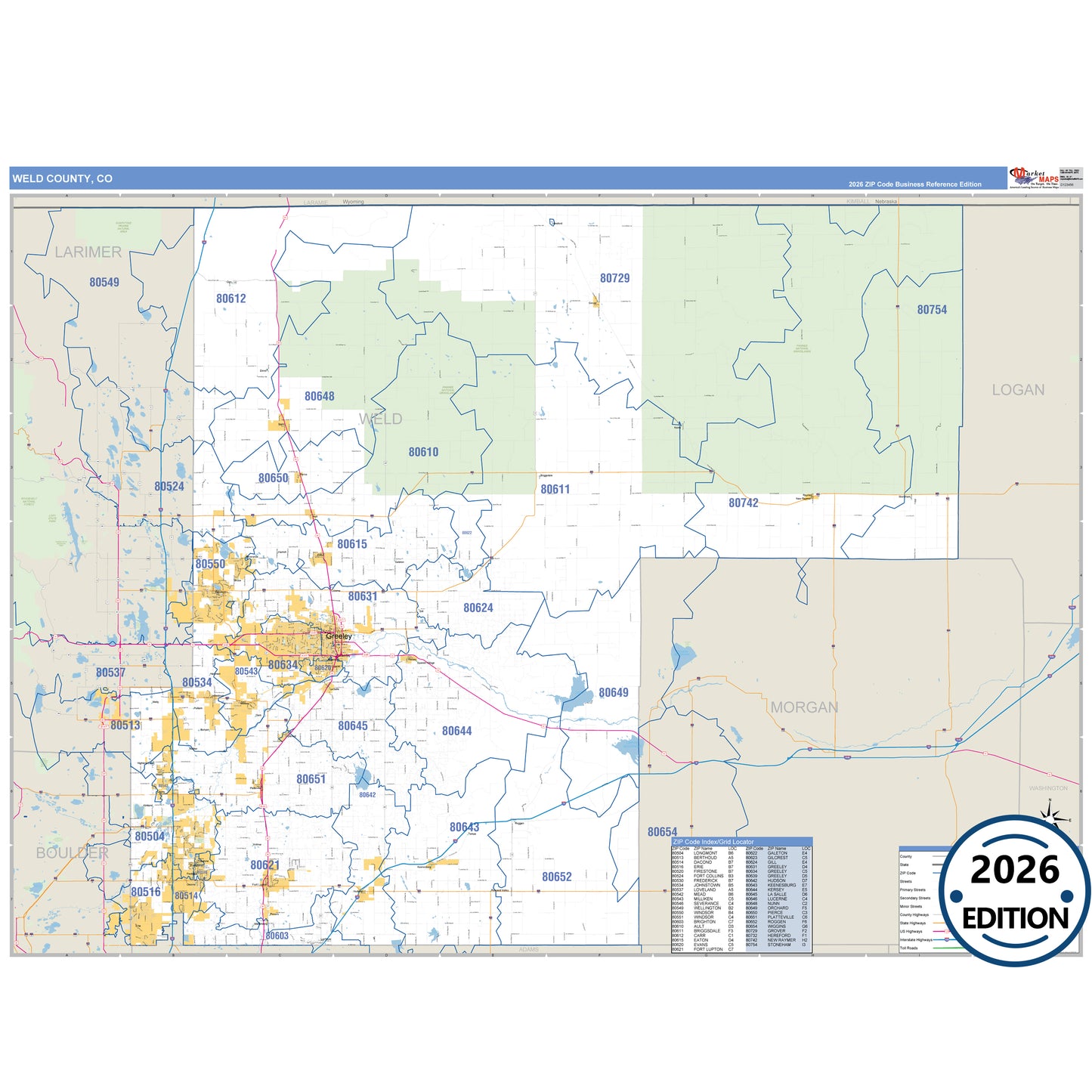 Weld County, CO Business Reference 5 Digit ZIP Code Wall Map