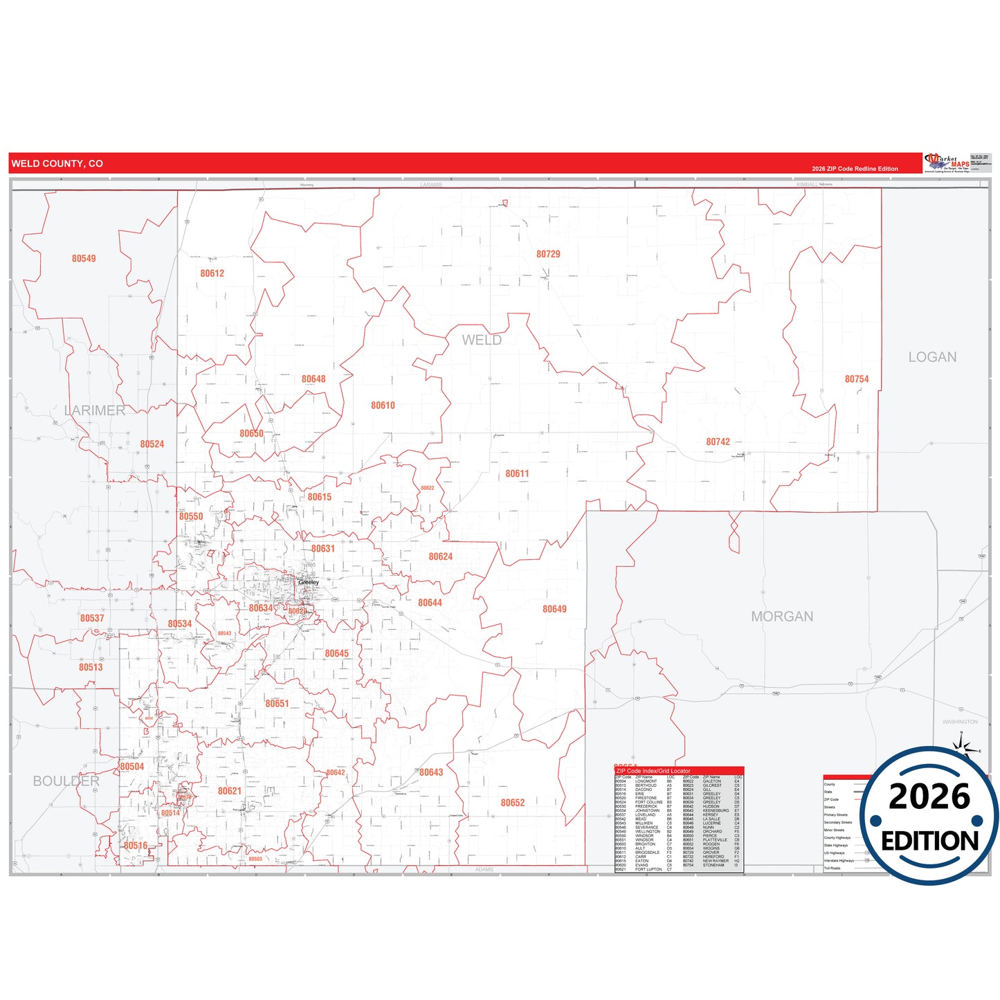Weld County, CO Red Line 5 Digit ZIP Code Wall Map