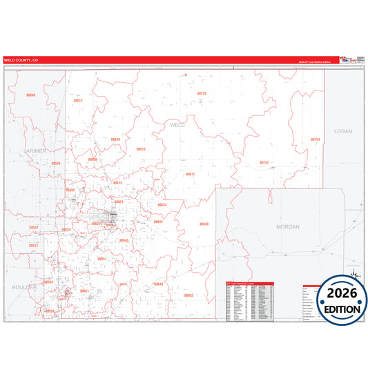 Weld County, CO Red Line 5 Digit ZIP Code Wall Map