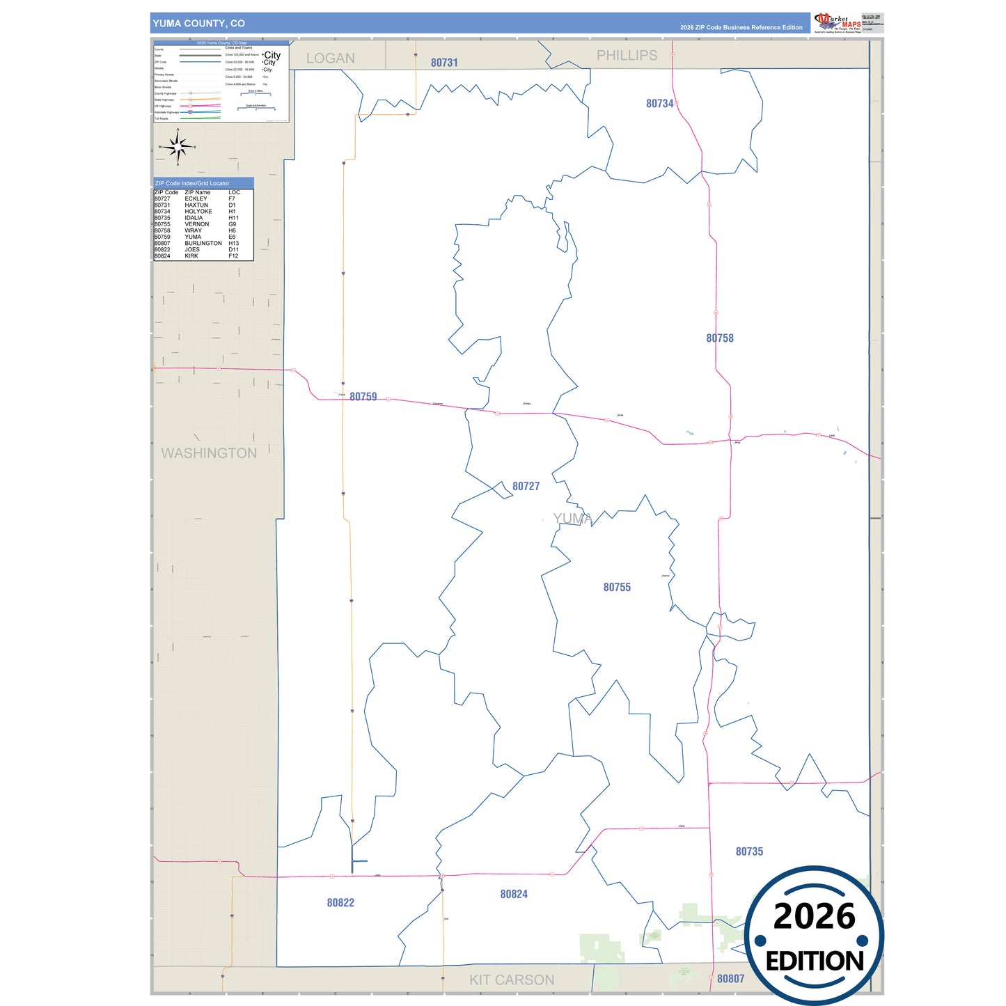 Yuma County, CO Business Reference 5 Digit ZIP Code Wall Map