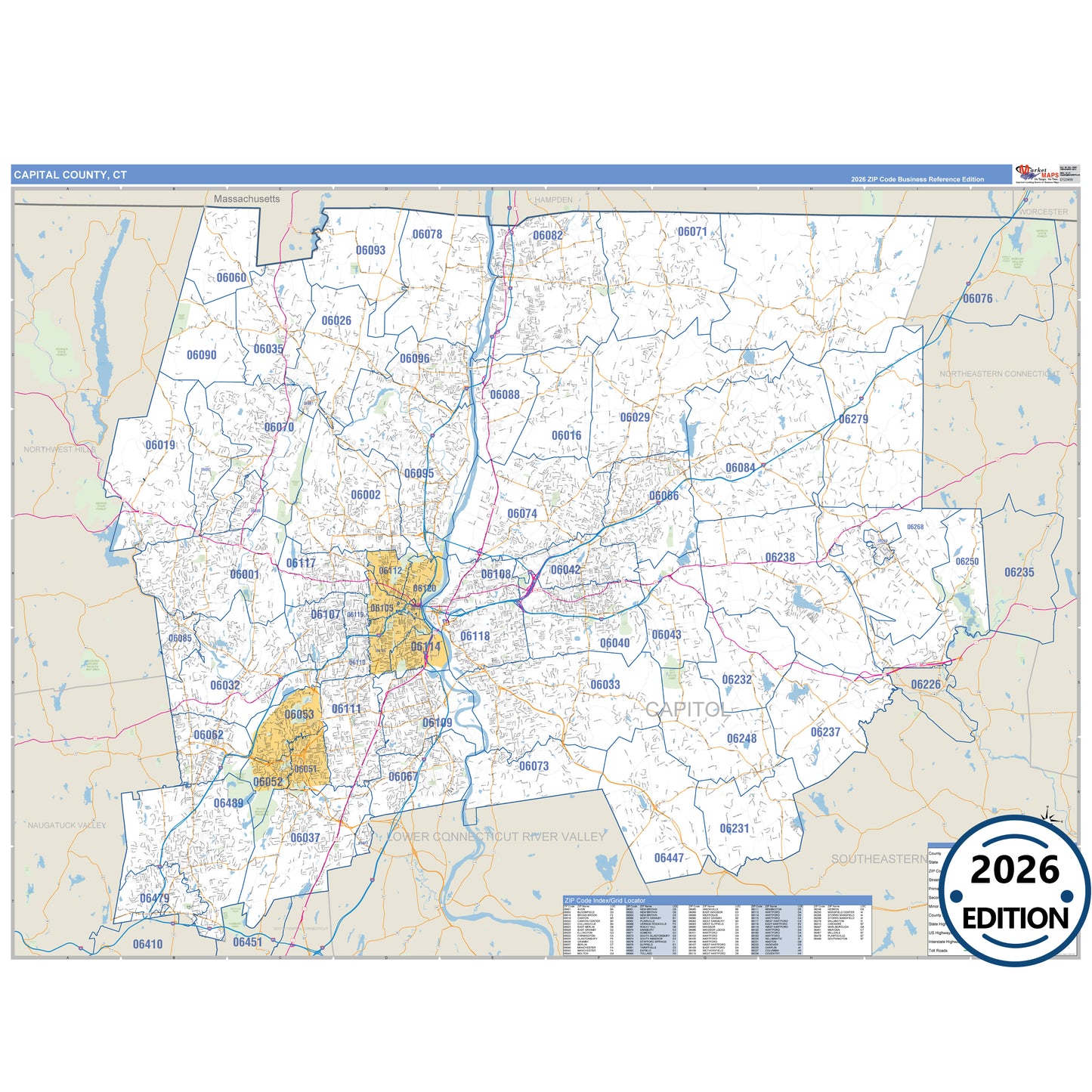 Capitol County, CT Business Reference 5 Digit ZIP Code Wall Map
