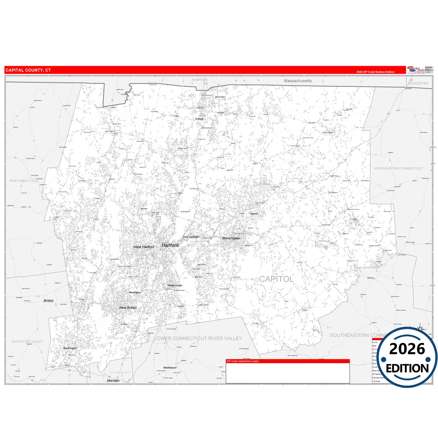 Capitol County, CT Red Line 5 Digit ZIP Code Wall Map