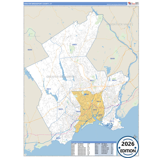 Greater Bridgeport County, CT Business Reference 5 Digit ZIP Code Wall Map