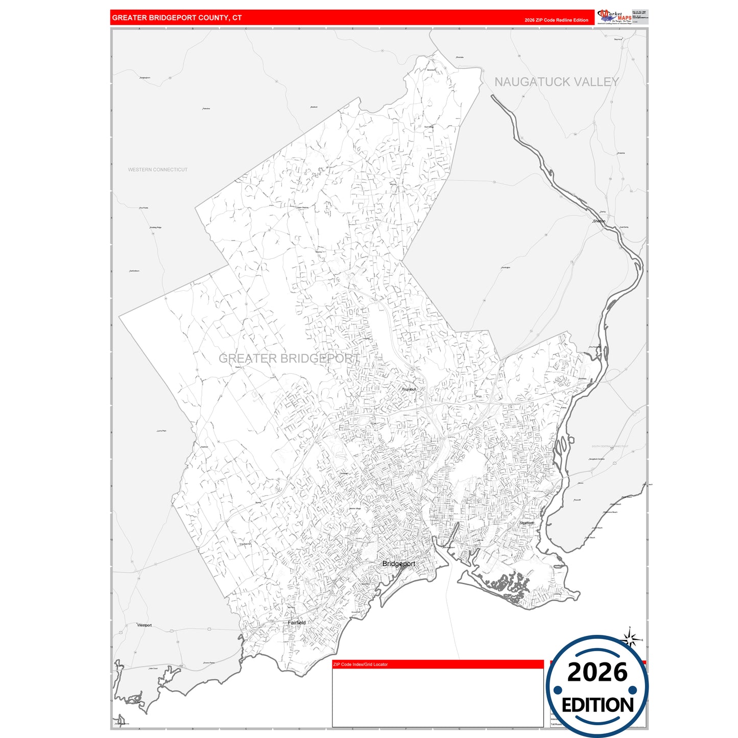 Greater Bridgeport County, CT Red Line map with detailed roads, cities, and ZIP code boundaries.