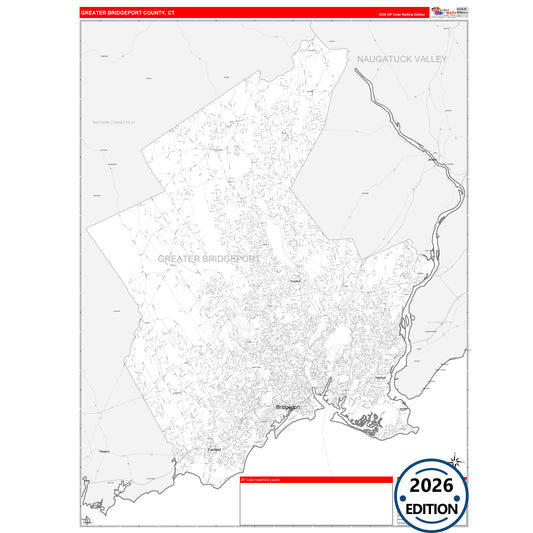 Greater Bridgeport County, CT Red Line 5 Digit ZIP Code Wall Map