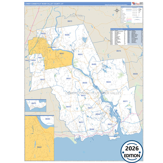 Lower Connecticut River Valley County, CT Business Reference 5 Digit ZIP Code Wall Map