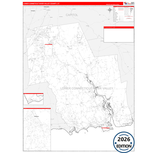 Lower Connecticut River Valley County, CT Red Line 5 Digit ZIP Code Wall Map