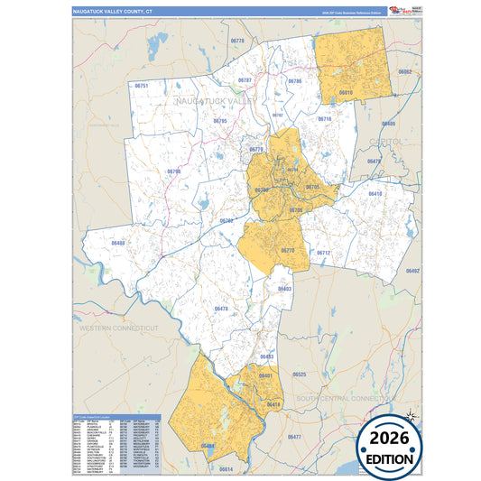 Naugatuck Valley County, CT Business Reference 5 Digit ZIP Code Wall Map