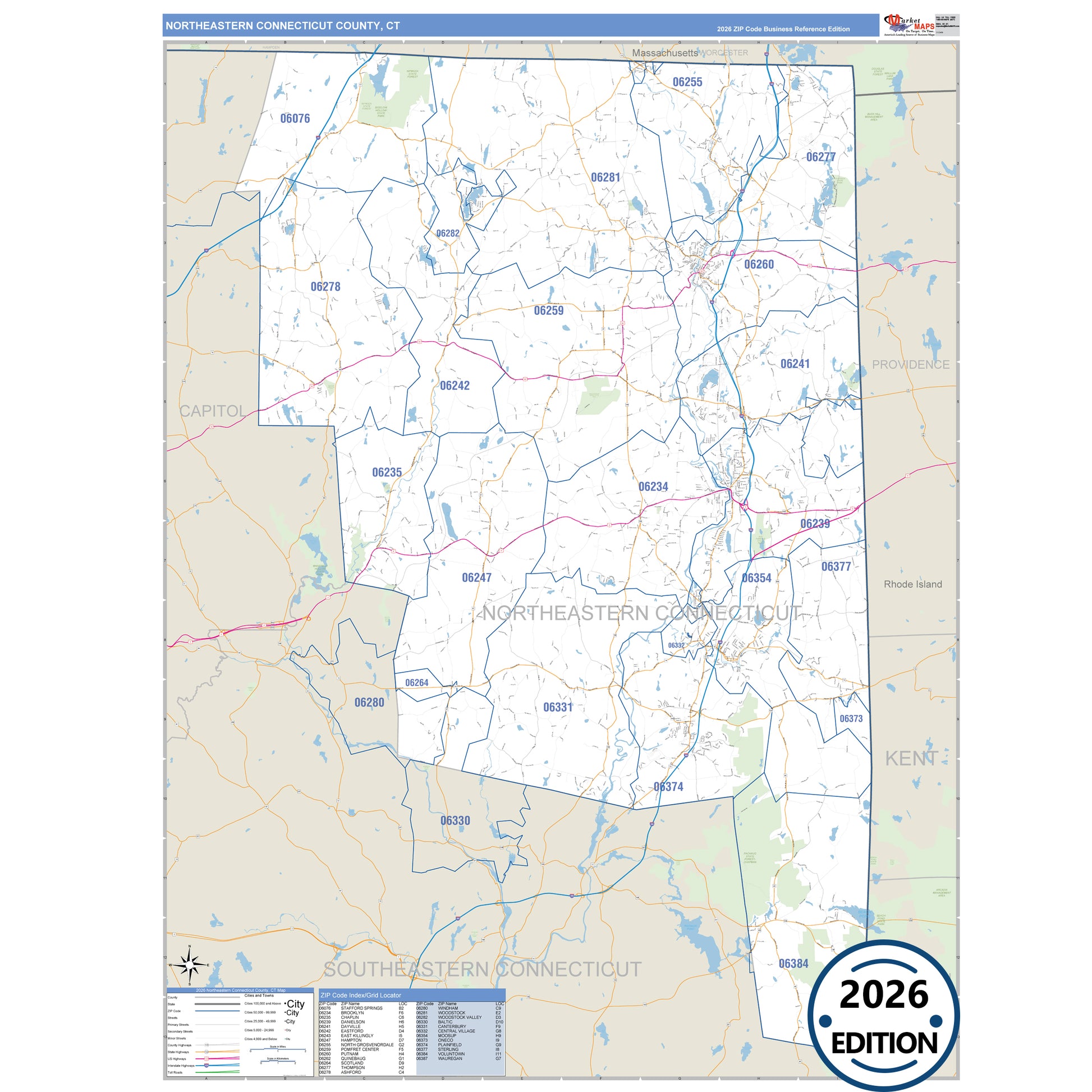 Northeastern Connecticut County, CT Business Reference map with detailed roads, cities, and ZIP code boundaries.