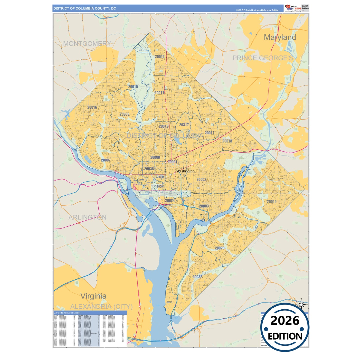 District Of Columbia County, DC Business Reference 5 Digit ZIP Code Wall Map