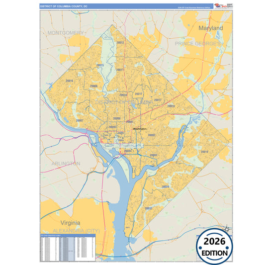 District Of Columbia County, DC Business Reference 5 Digit ZIP Code Wall Map