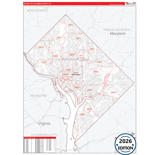 District Of Columbia County, DC Red Line 5 Digit ZIP Code Wall Map