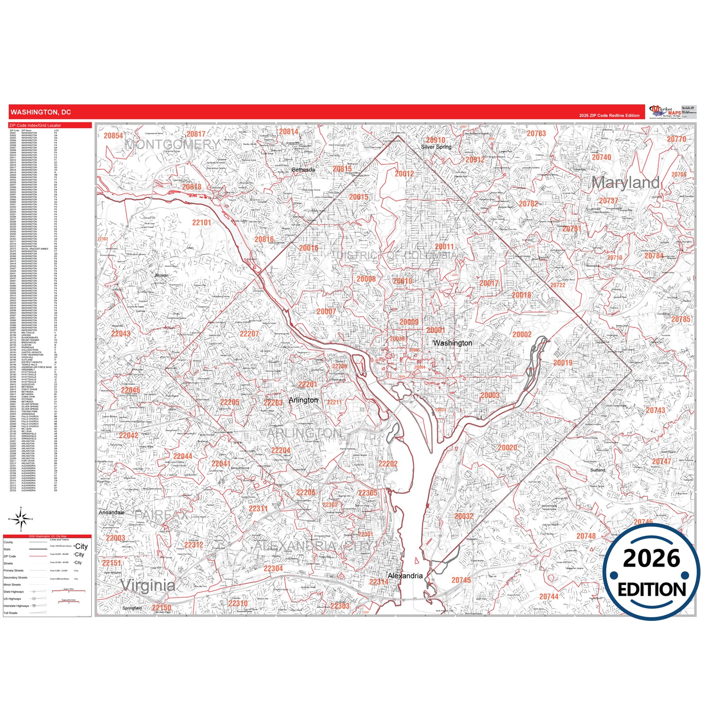 Washington DC Red Line 5 Digit ZIP Code Wall Map